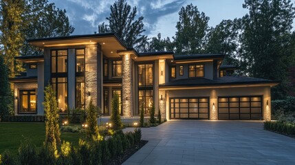 Fototapeta premium Luxurious modern home at dusk, showcasing architectural design, landscaping, and exterior lighting.