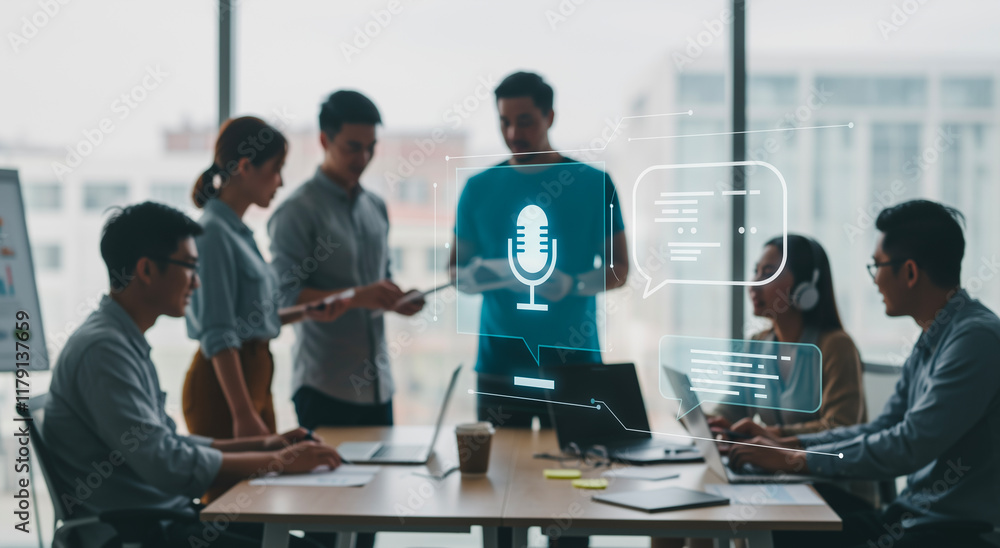 Poster business people using ai voice assistant in office for digital communication and technology. virtual