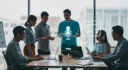 Business people using ai voice assistant in office for digital communication and technology. Virtual meeting, group collaboration and feedback concept with software for automation or future