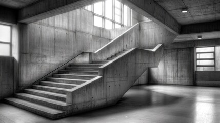 Fototapeta premium Modern concrete staircase in minimalist building interior.