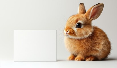 Adorable brown rabbit with blank white card on white background