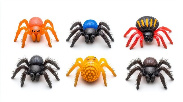 A photostock of tarantulas with detailed focus on their textured legs and hairy bodies, isolated on a white background. High Quality
