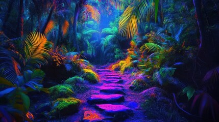 Exploring a vibrant neon jungle with fluorescent glow and tropical flora along a mossy stone path, evoking a fantasy world of color and light