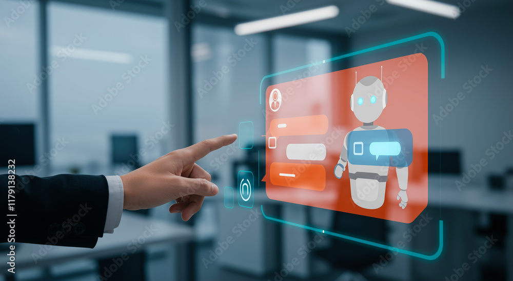 Poster hand touching ai interface for digital service, virtual assistant and technology in office. artifici
