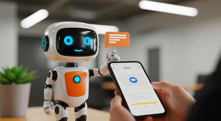 Robot and phone for chat, communication and technology with person in office. Artificial intelligence, bot, message and digital with user for assistance and support at agency