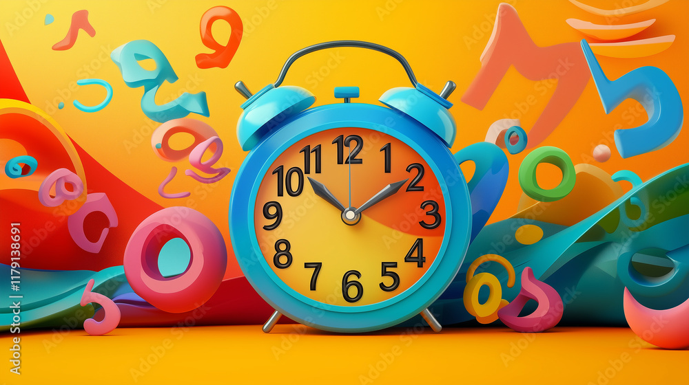 Poster a colorful clock with a cheerful face, surrounded by floating numbers and swirls on a bright backgro