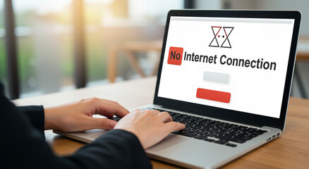 Laptop, hands and no internet connection for problem, error, technology and failure. Computer, screen, wifi, signal, network and offline with issue, bug and access in office, workplace
