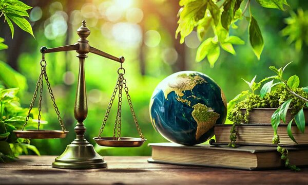 International Environmental Law Green Globe with Justice Scales and Gavel slow-motion video