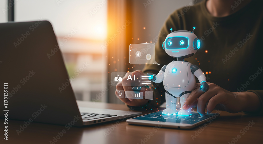 Poster woman with ai robot on tablet for digital communication, virtual assistant and service. artificial i