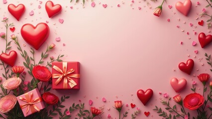 Vibrant Arrangement of Red Hearts, Flowers, and Gifts Creating a Festive Atmosphere for a Special Occasion. St Valentines gift Concept