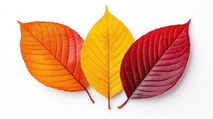 Obraz premium A photostock of vivid autumn leaves mid-fall, gently swirling on a bright white background, capturing the essence of the season. High Quality