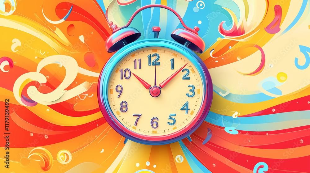 Poster a colorful clock with a cheerful face, surrounded by floating numbers and swirls on a bright backgro