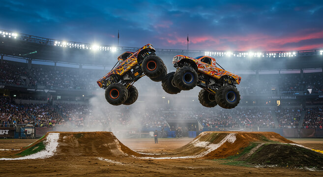 Monster truck, competition and arena with crowd for race, sport, event and entertainment. Vehicle, action, performance, offroad, power and spectacle with show, speed and excitement outdoor