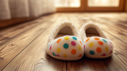 A slipper with a fluffy lining and colorful polka dots, sitting on a warm wooden floor.