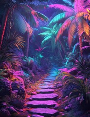 Explore a neon jungle filled with vibrant colors and glowing palm trees along a mossy stone path in a fantastical tropical forest