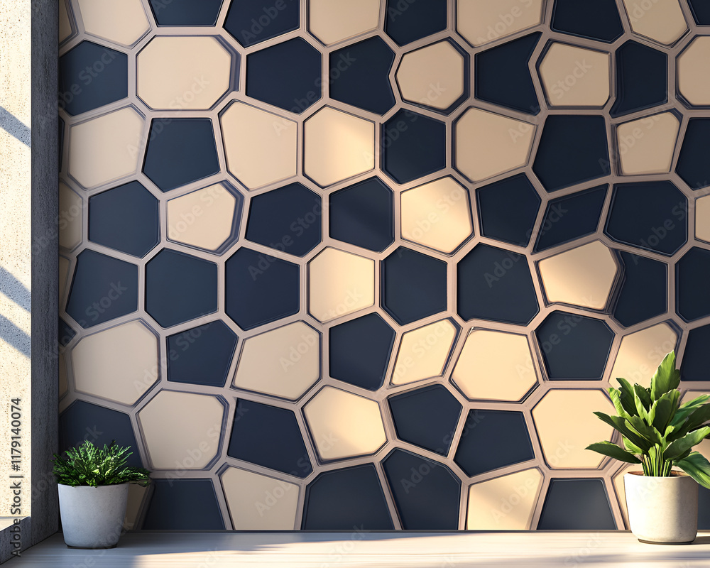 Poster bold hexagonal patterns in muted colors like navy and beige, creating a stylish and geometric featur