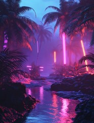 Vibrant neon jungle illuminated by glowing lights in a tropical rainforest with a serene river at twilight