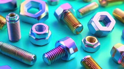 Fototapeta premium Brightly colored bolts and nuts scattered on a gradient green background