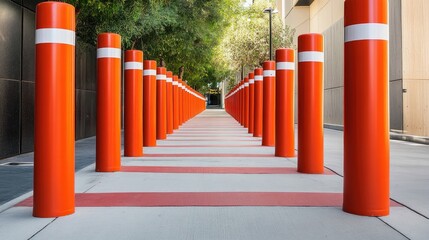 A pedestrian walkway bordered by orange traffic poles and plastic tubes in red and white for safety