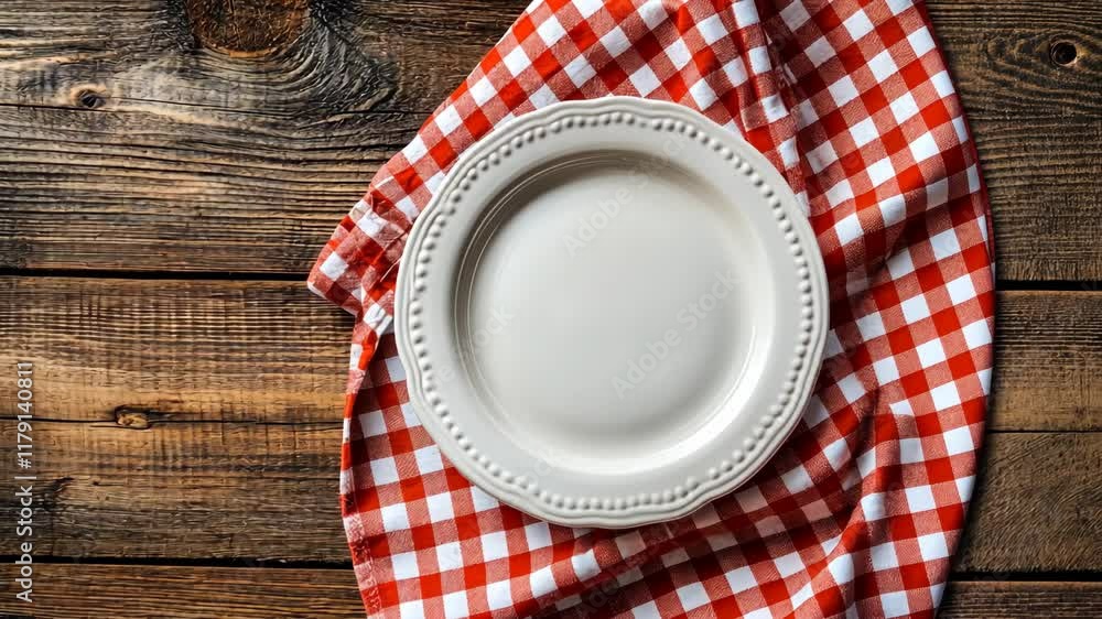 Poster checkered tablecloth with empty plate ready for a meal setting in a rustic wooden environment