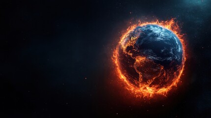 Fiery Earth Surrounded by Dark Space Representing Global Warming and Environmental Catastrophe Effects