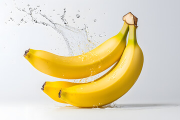 Ripe yellow banana in mid-air with water splashes, isolated on white background