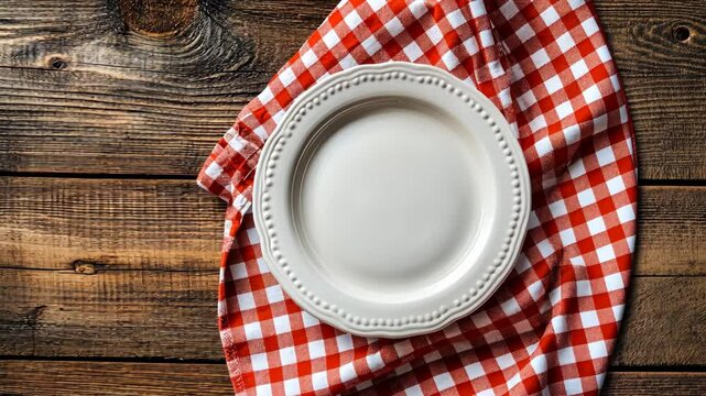 Checkered tablecloth with empty plate ready for a meal setting in a rustic wooden environment