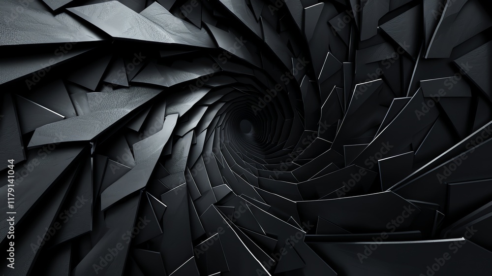 Poster an abstract 3d rendering of a swirling tunnel of black geometric shapes.