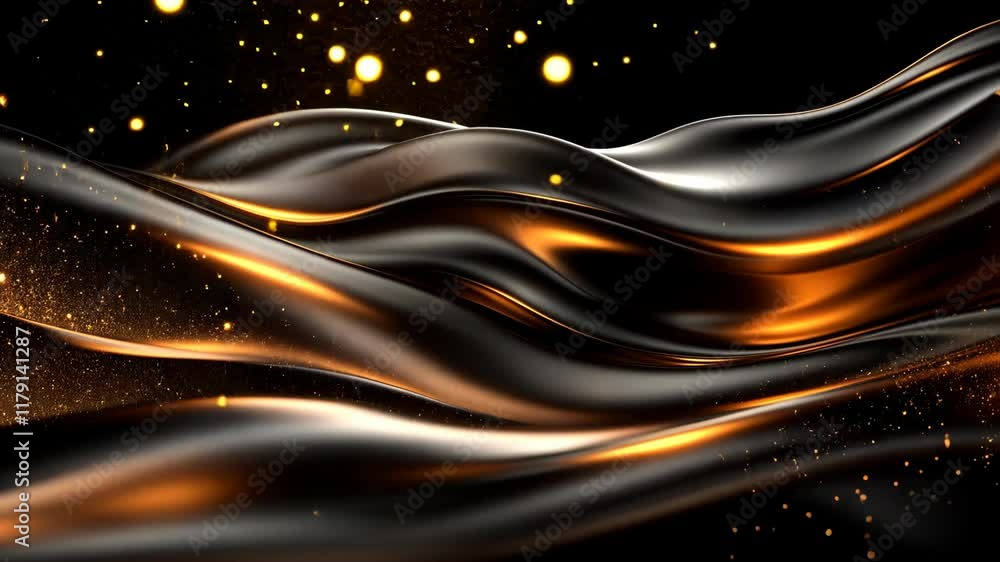 Poster flowing waves of black and gold with glimmers of light create a mesmerizing abstract display
