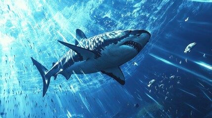 Fototapeta premium Great white shark swimming in ocean, sunlight beams through water, small fish surrounding.