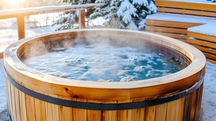Fototapeta premium Bubbling hot water in an outdoor hot tub surrounded by snowy winter scenery at spa and wellness resort