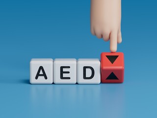 Businessman hand holding wooden cube block with aed business word.Businessman hand. Business concept. Copy space.3D rendering on blue background.