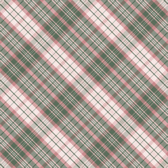 Seamless Diagonal Plaid Pattern in Pastel Green and Pink Tones. Classic Tartan Checkered Texture, Vintage Color Style. Vector illustration.