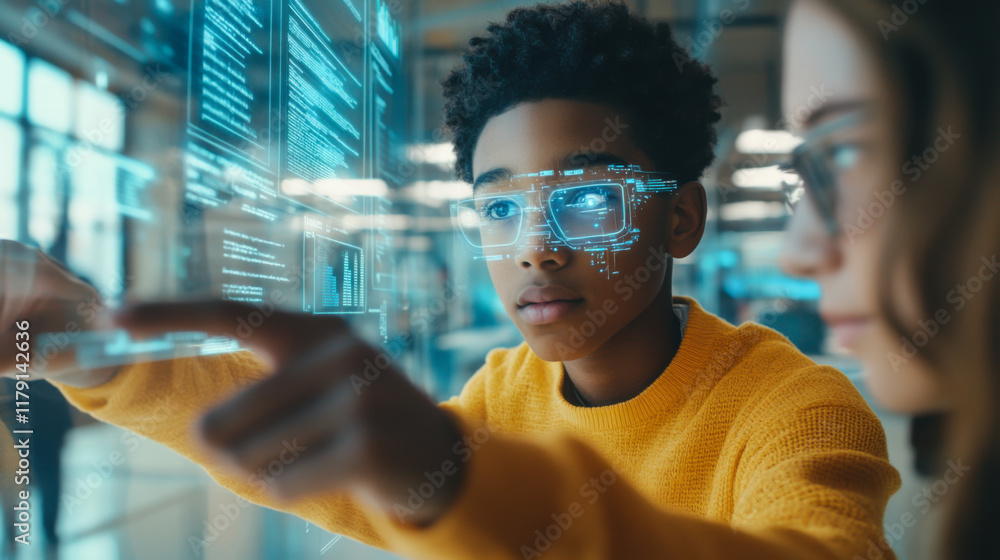 Poster young student engages with interactive technology while working in a modern classroom setting during