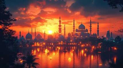 Obraz premium A colorful greeting card design showcases a stunning sunset behind a mosque, celebrating the Islamic New Year with joy and hope