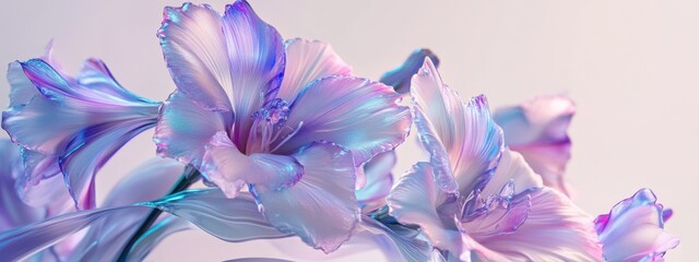 Vibrant glass gladiolus flowers in purple and blue hues with translucent foliage showcased in a detailed close-up against a bright background