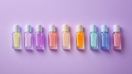 Nail polish bottles of various colors lined up on a pastel purple background