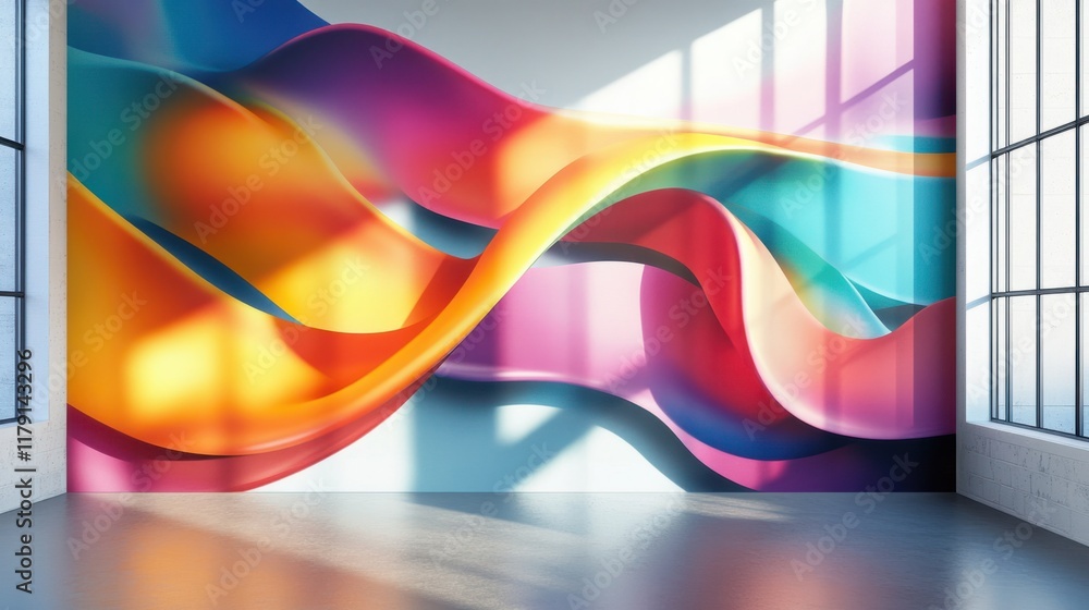 Poster A vibrant vertical 3D mural with colorful flowing ribbons and dynamic shadows on a sleek background