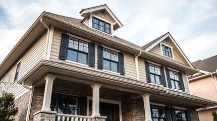 Exterior View of Two-Story House with Porch and Black Shutters