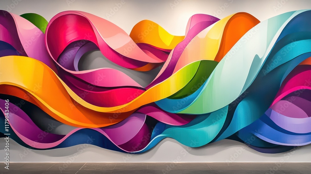Poster a vibrant vertical 3d mural with colorful flowing ribbons and dynamic shadows on a sleek background