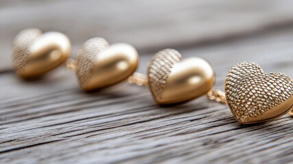 Four golden hearts on wooden surface in row