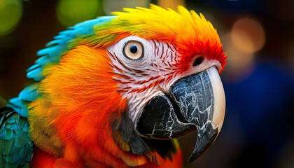 Fototapeta premium Vibrant close-up of a scarlet macaw, showcasing its bright plumage and striking eye. Ideal for nature documentaries, wildlife blogs, or travel publications.