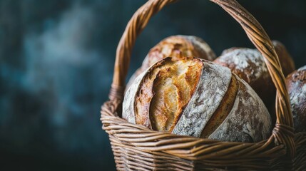 basket filled with artisanal fresh bread, rustic bakery theme, isolated