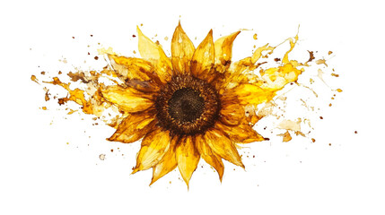 Blend of yellow and brown paint splashes creating a sunflower isolated on a transparent background, PNG