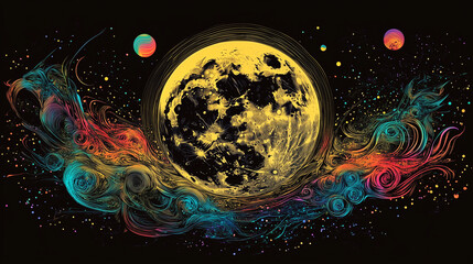 A glowing full moon with craters, surrounded by swirling auroras and cosmic dust in vibrant colors.