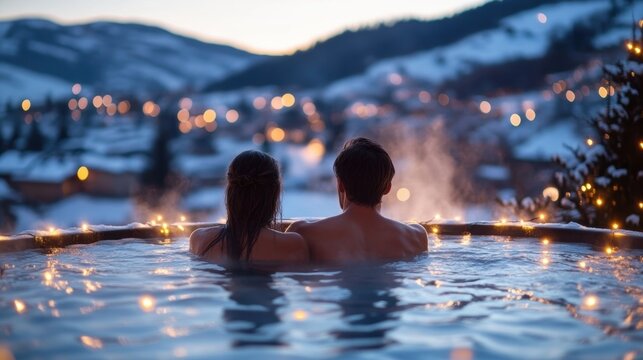 Couple relaxing in hot tub outdoor in snow-covered winter landscape, spa and wellness experience