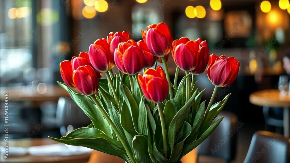 Poster a bouquet of vibrant red tulips with yellow edges stands tall in a vase inside a chic cafe. the warm