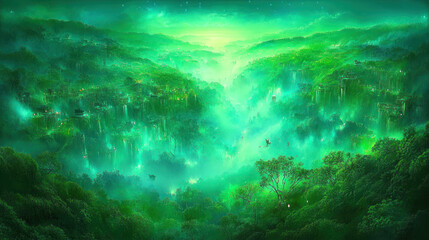 Fototapeta premium Lush green fantasy valley at dawn. Aerial view. Possible use fantasy background.