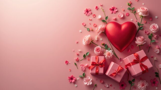 Heart-shaped Decoration With Gifts and Flowers on a Soft Pink Background for a Romantic Celebration. St Valentines gift Concept