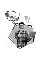 Creative photo 3d collage artwork of young man economy fall down think how improve salary increase budget isolated on painting background